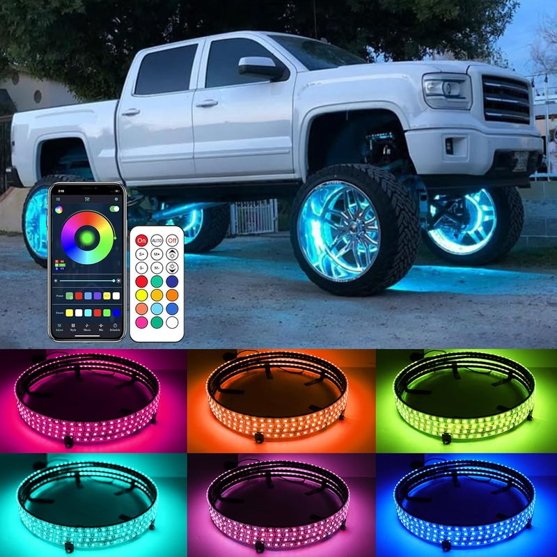 DEERMOTO 4PCS 15.5inch RGB LED Wheel Rim Lights with Bluetooth and Remote Control,Wheel Ring Light Kits with Turn Signal and Braking Function Tire Lights for Pickup Truck SUV Car (15.5inch) - Image 1